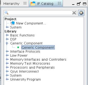 Figure 21. IP Catalog Generic Component The Component Instantiation tab contains three implementation types: IP, HDL, and Blackbox.