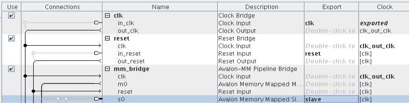 In the System Contents tab, double-click the entry in the Export column corresponding to the s0 for the mm_bridge component and rename it to slave. Figure 34.