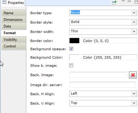 Background colors and images Areas can have background color or background images, the available options are: 1. Set the opaque property to Yes and select a background color 2.