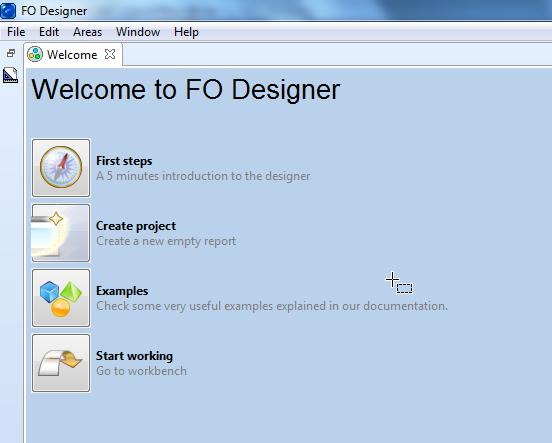 Setup & startup Installation Unzip the downloaded ZIP file in a empty directory. Start up Start the file fodesigner.exe, the welcome page will be displayed.