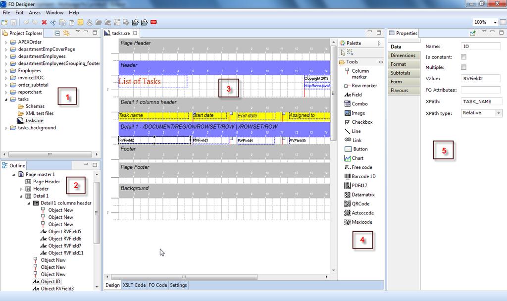 2. The user interface The main window of the designer is divided in 3 areas: 1.