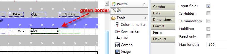 Input fields have a green border in the designer. Text field Text fields can be used to allow free entry of data.