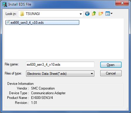 4 Select the EDS file ex600-sen3_4_v10.eds to install. Click Open.