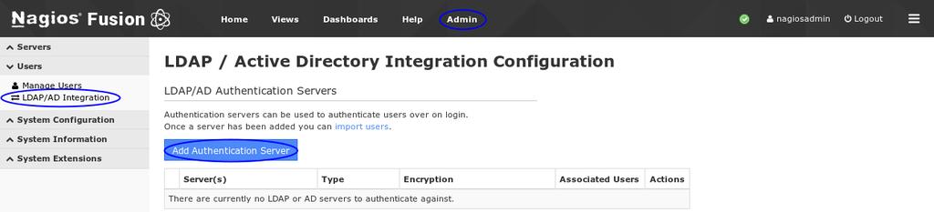 Configuring The Authentication Servers First you must configure the Authentication Server(s) that will use. Navigate to Admin > Users > LDAP/AD Integration.