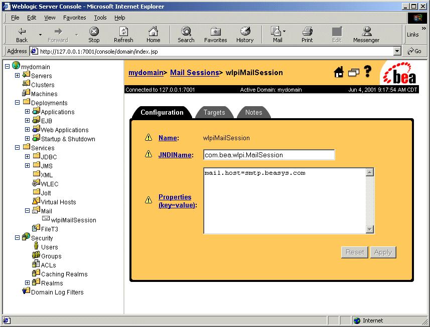 Ruig the WebLogic Process Itegrator Servlet Sample Figure 3-3 WebLogic Server Cosole Mail Sessio Cofiguratio Tab 3. Select the Targets tab. 4.