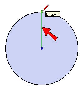 7. Activate the Line tool and draw a line starting at the center point and proceeding straight up, in the green direction, until you reach an endpoint along the circle.