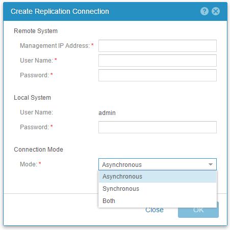 Figure 30. Replication page. Connections Tab. To create a Replication Connection for remote replication, select the Create Replication Connection icon, which is displayed as a + sign on this tab.