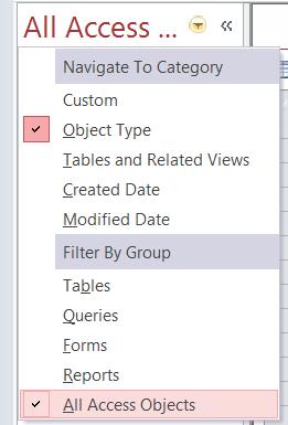 Sorting the Objects in the Navigation Pane: By default, objects are sorted by type, with the tables in one group, the forms in