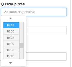 To change the time from the default selection (soon as possible), select the pickup time box and a selection wheel will appear for time selection as shown on the image to the left.