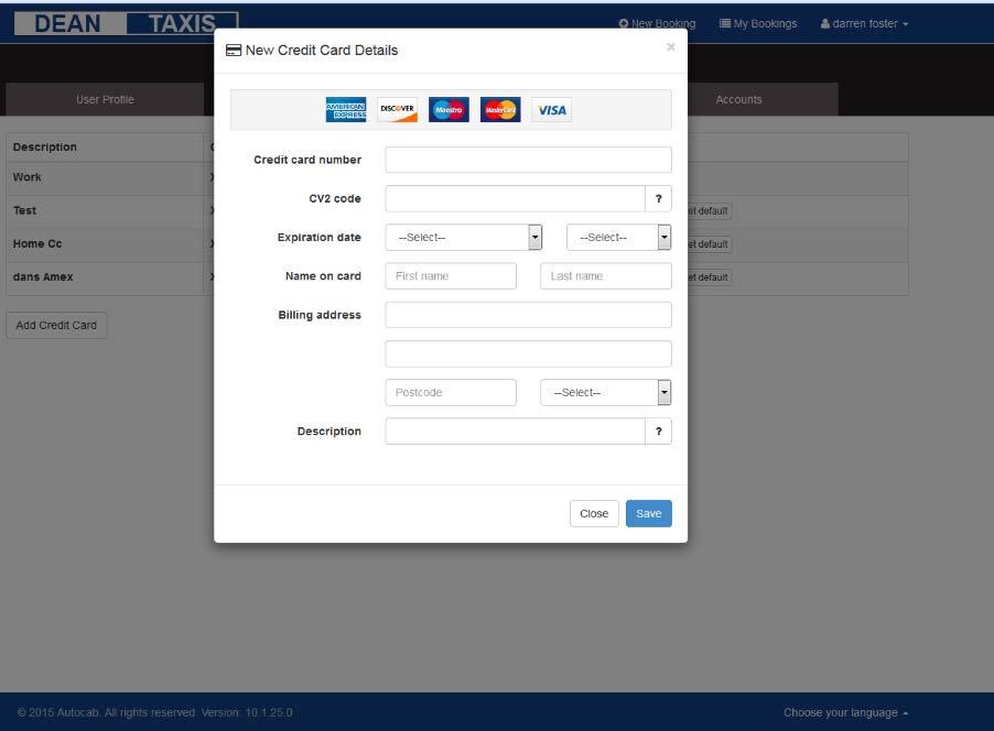 shown, you can add, delete, modify and set a default credit card to be used in your online booking account.