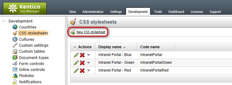 102 Kentico CMS 6.0 Intranet Administrator's Guide 3. This displays the dialog used for the creation of a new CSS stylesheet.