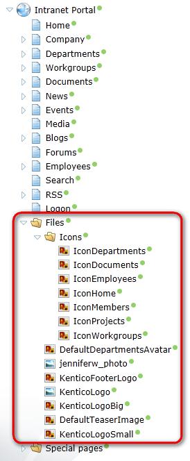 Customizing the portal 103 chapter in the Content management -> File management section of the Developer's Guide. Please note that image files on the Intranet Portal are placed in the Files folder.