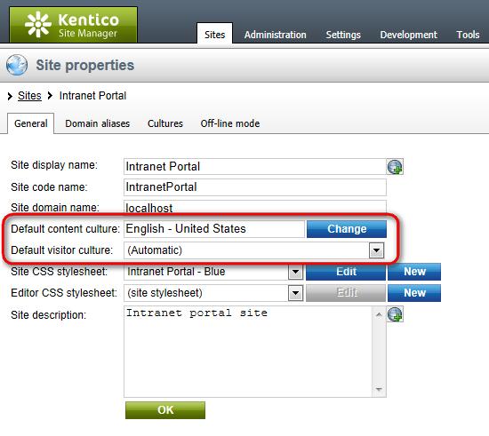Customizing the portal 119 Default content culture Default content culture can be configured in Site Manager -> Sites -> edit following two settings on this tab are related to default cultures: the