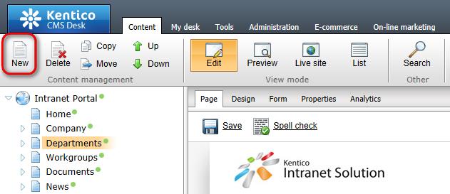 22 Kentico CMS 6.0 Intranet Administrator's Guide 4. In the New document dialog which gets displayed, select the type. Intranet department document 5.