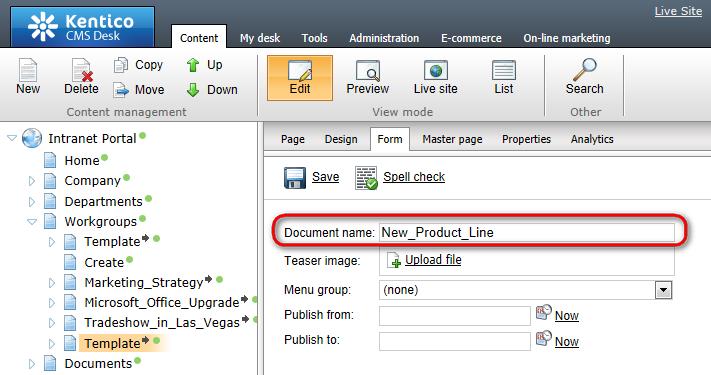 Switch to the Properties -> URLs tab and change the value of the Document alias property to New_Product_Line as well.