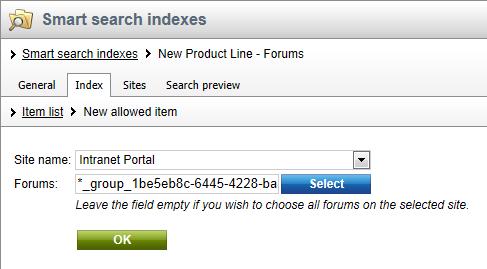 Stop words - leave the default value. Index type - select Forums. Assign index to website Intranet Portal - leave this box checked. Click OK.