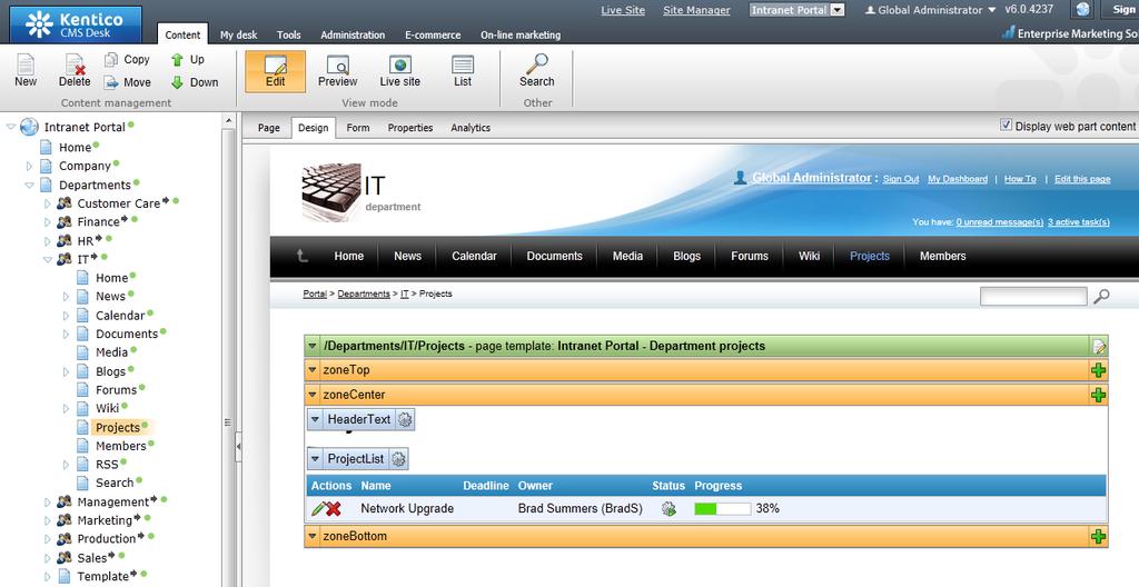 Project management 77 Projects from all departments and their tasks can be administered at CMS Desk -> Tools ->