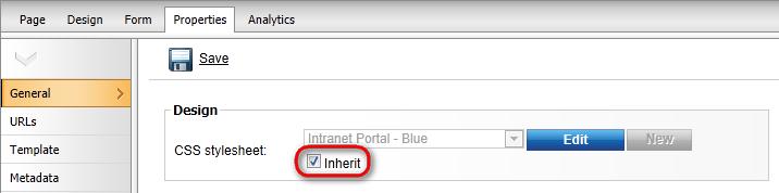Please note that if you set the Inherit option value to true, the CSS stylesheet drop-down list will become inactive and the page will be inheriting its theme from the parent.