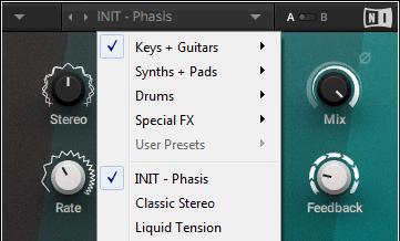 Header and Presets Saving Presets The INIT preset contains basic settings for PHASIS that are useful as a starting point for creating your own phaser sounds.