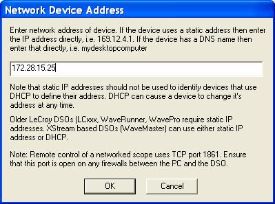 6. Click OK. The Scope Selector window will display the correct information about the scope connected to the LAN. In our example, an SDA 11000 is connected as shown below: 7.
