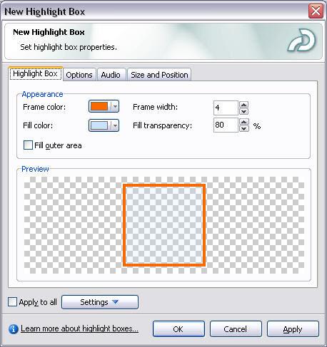 Inserting a Highlight Box A highlight box is an object that enables you to bring attention to areas of your slide. The highlight box has a timeline like all the other objects on your slide.