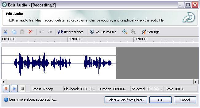 Editing an Audio Track If you double-click on the audio track in the slide timeline, the Edit Audio window will open. This window enables you to edit the audio track.