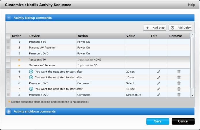 2. Click Customize this Activity. The Customize: Activity Sequence page displays. In this example, the Watch TV Activity is shown. 3. Add steps or delays to your Activity as desired.