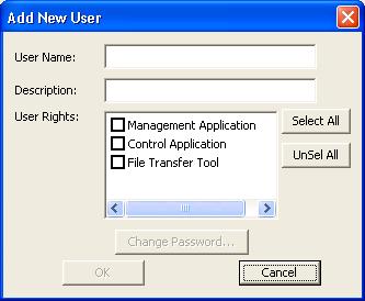 3.1.4 Creating new user account Select [Edit] [Add New User] or right click on the user list and select [Add New User]. The following dialog window appears.