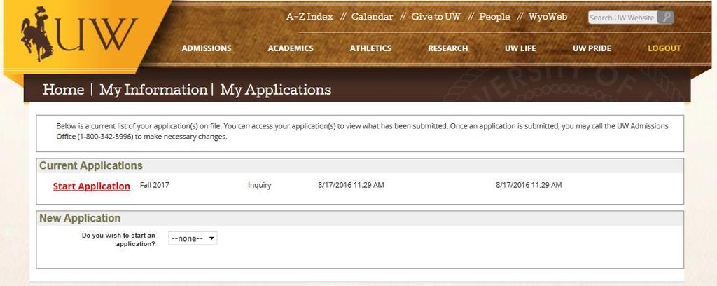 12) Select Start Application in the Current Application section near the center of the page.