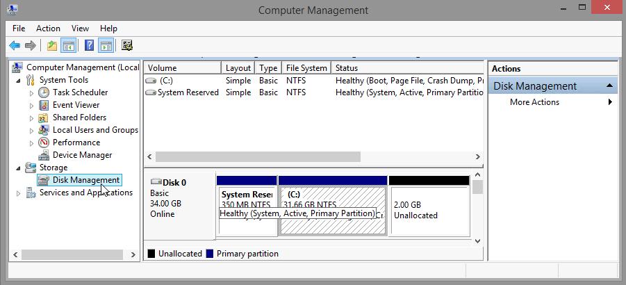 Recommended Equipment Computer running Windows 8 Un-partitioned space of at least 1 GB on the hard disk drive Start the Computer Management Utility program.