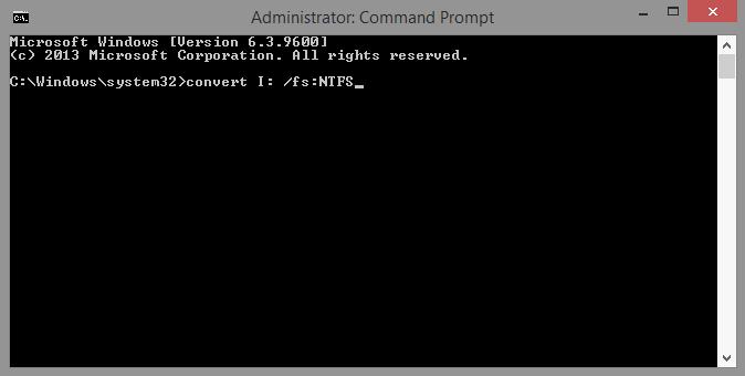 c. The Administrator: Command Prompt window opens. At the command prompt, type convert I: /fs:ntfs and then press Enter. d.
