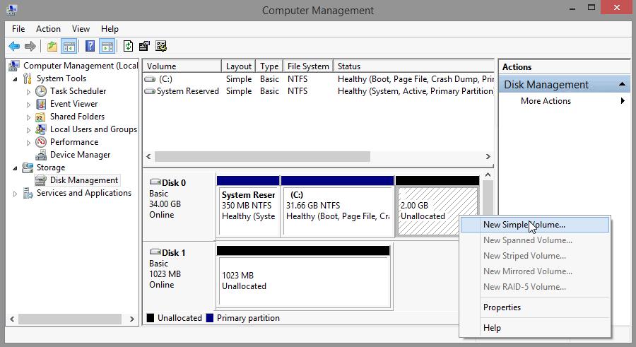 Create a new disk volume in the free space. a. Right-click on the block of Free Space or Unallocated space.