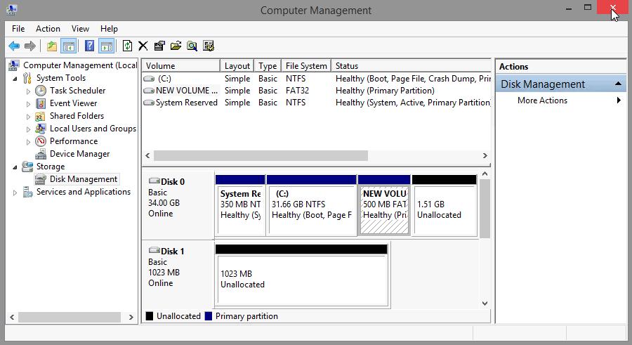 g. The Computer Management window will display the status of the NEW VOLUME. Close the Computer Management window.