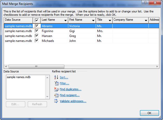 Figure 3 Mail Merge Recipients Dialog Box Using an Existing List Using an existing list allows users to use an existing file (e.g., a Microsoft Excel workbook or a Microsoft Access database) as the data source that contains the information to be merged into a document.