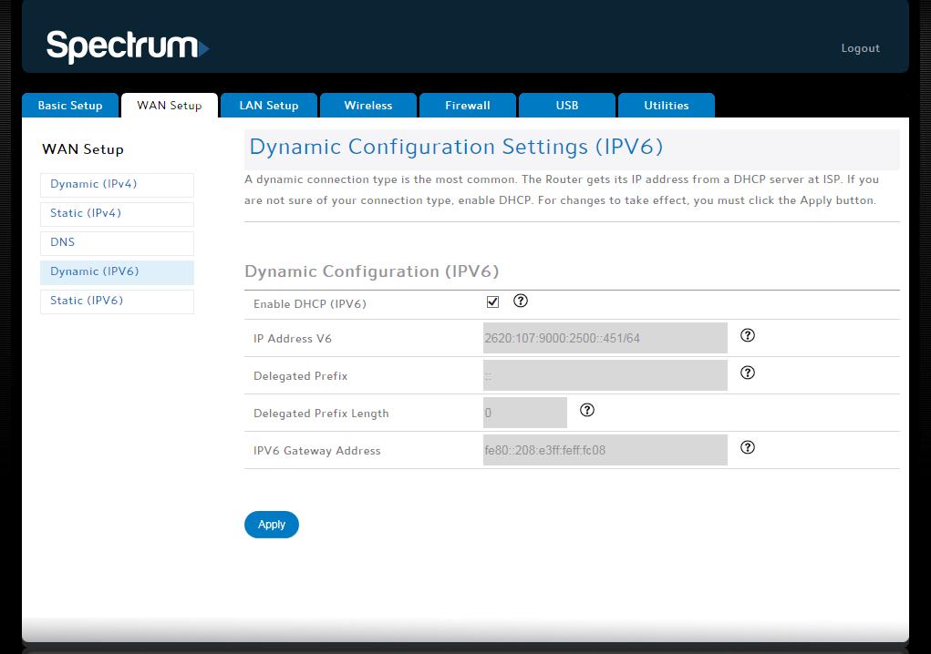 Dynamic Configuration Settings (IPv6) Router Configuration Screen Descriptions This screen enables a DHCPv6 configured IPv6 stack. A dynamic connection type is the most common type of connection.