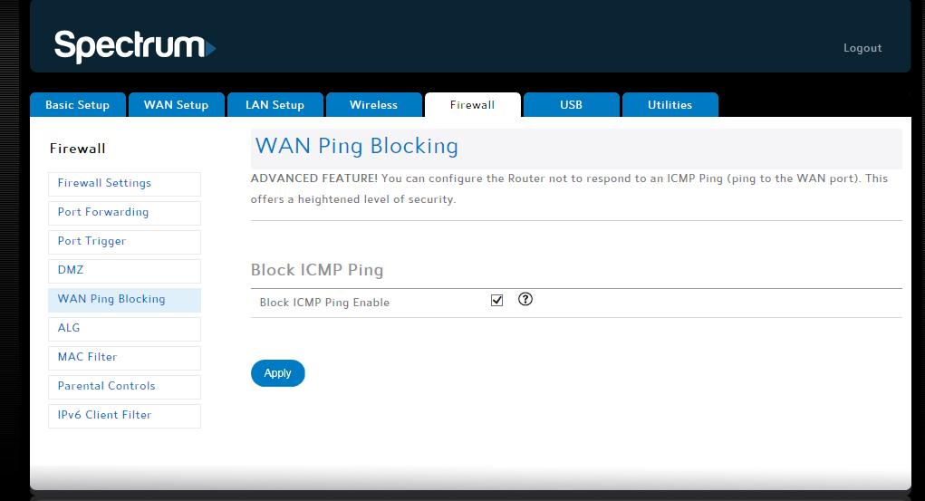 WAN Ping Blocking You can configure the router not to respond to an ICMP Ping (ping to the WAN port). This offers a heightened level of security.