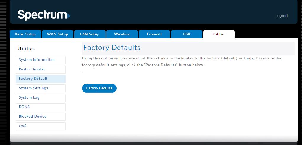Factory Defaults This screen lets you revert all of the router s configuration settings to the factory default setting. Click Factory Defaults to revert to the factory default configuration settings.