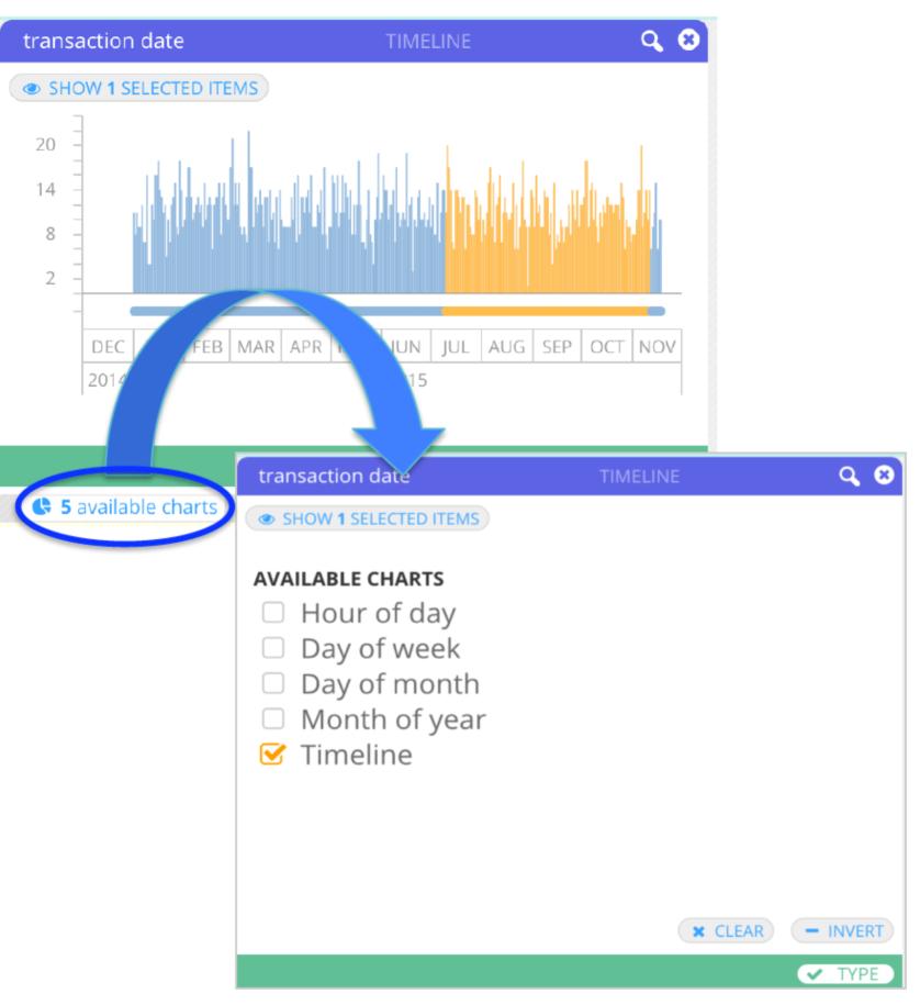 Additionally, the Date/Time filter has five different charts for filtering your date/time data. The Timeline is the default chart.