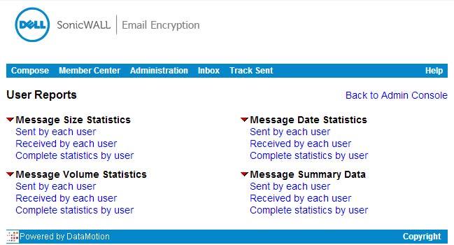 Report Type Message Volume Statistics Message Summary Data Description Shows the number of messages sent/received by the user Shows the fields of other statistics reports on one screen To access any