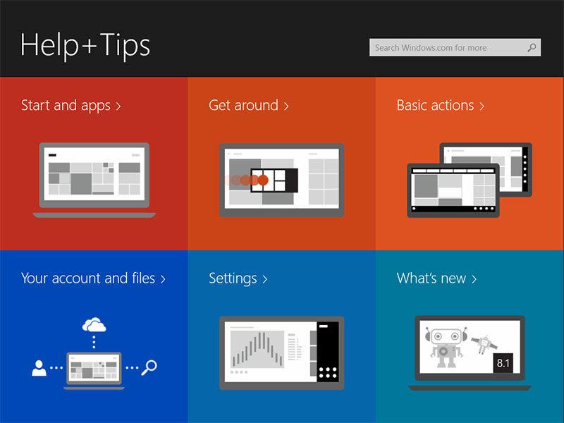 Get to know Windows 8.1 You can touch the Help+Tips tile on the Start screen to get help and tips on using Windows 8.1. Swipe Right Swiping-in from the right edge of the display reveals the Charms bar.