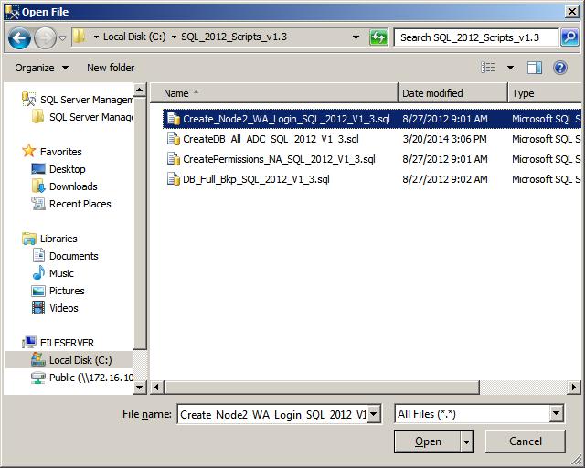 Creating the ASDB Database and Configuring it for AutoStart 16. Browse to the folder containing the SQL Scripts or SQL Upgrade Scripts, select Create_Node2_WA_Login_SQL_2012_V1_3.
