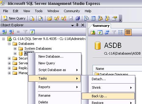 In the Source area of the Back Up Database - ASDB window verify that ASDB is entered for Database, Full is entered for