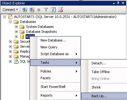 Expand SQL Server, expand Databases, highlight ASDB, select Tasks, and then