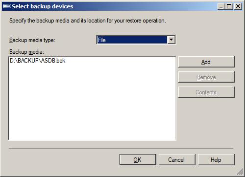 Backup and Restoration of an SQL Server ASDB Database 8. Click OK in the Select backup devices window: 9.