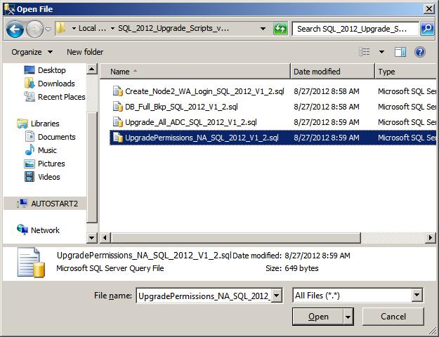 Backup and Restoration of an SQL Server ASDB Database 2. On the AUTOSTART2 (Node 2) computer select File\Open\File : 3.