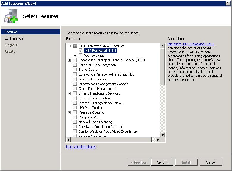 Enabling.NET v3.5 4. Expand.NET Framework 3.5.1 Features, Enable, (check),.