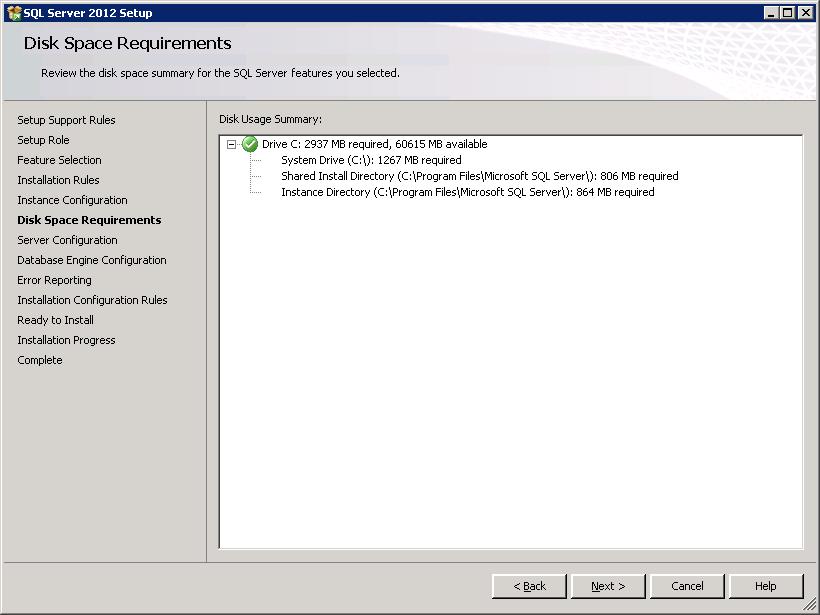 Renaming FS-1, and SQL Server 2012 Installation 17. Click Next on the Disk Space Requirements screen: 18.