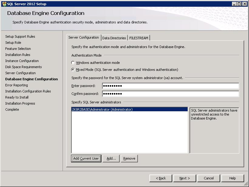 Renaming FS-1, and SQL Server 2012 Installation 22. On the Server Configuration tab of the Database Engine Configuration screen: Select Mixed Mode.