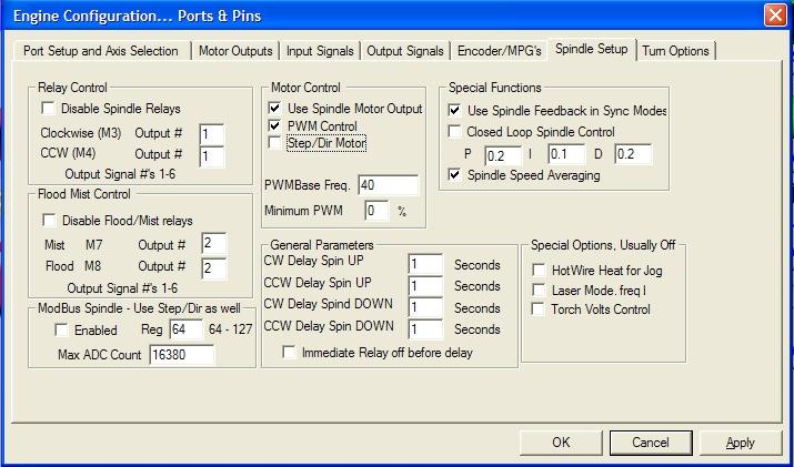 3. Go to Config / Spindle Setup. Do not disable the Relay Control and assign to it the output you configured in step 2. Activate the Use Spindle Motor Output option.