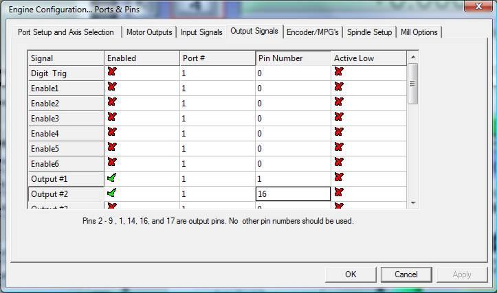 Select active low. 2. Go to Config / Ports&Pins / Output Signals.